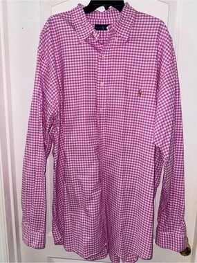 Ralph Lauren Mens Button Up 2XLT XXL Pink White Gingham Plaid Classic Fit Pony